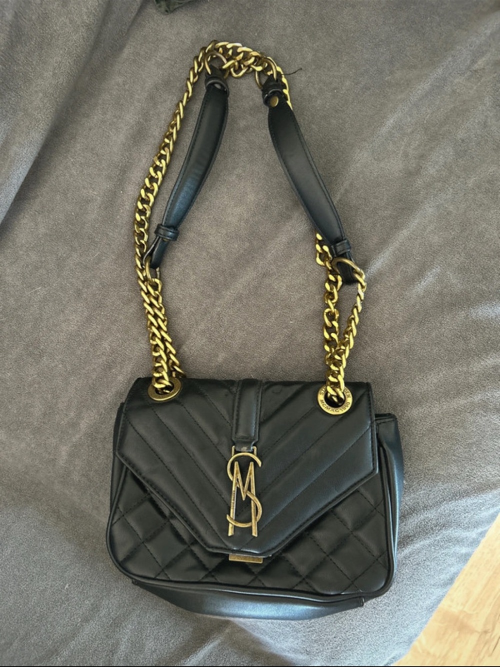 Steve Madden Black Quilted Leather Shoulder Bag with Gold Chain